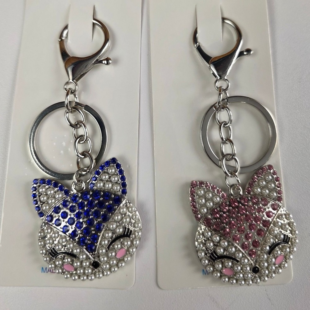 Pastel Collection Fox Bag Charm Key Chain Silver NEW Pearl Blue Pink Rhinestone